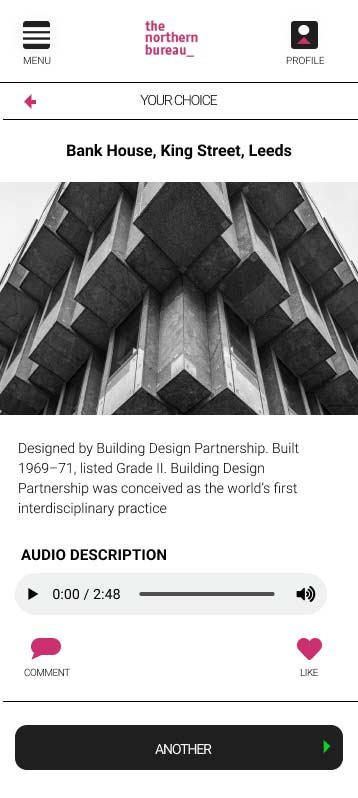 A burtalist building image with text underneath, an example of UX for a Manchester based art gallery