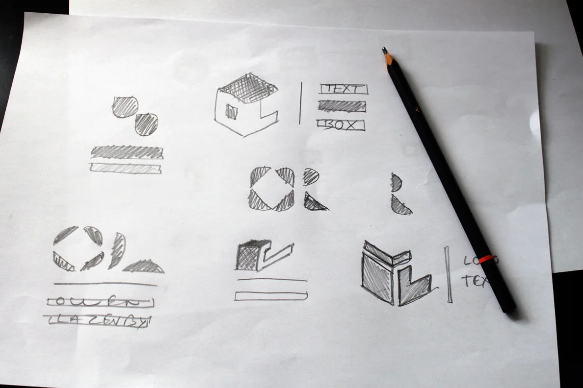 An A4 sheet of paper filled with hand-drawn logo sketches, showcasing a variety of creative designs including abstract symbols, stylized text, and emblem concepts in different styles.