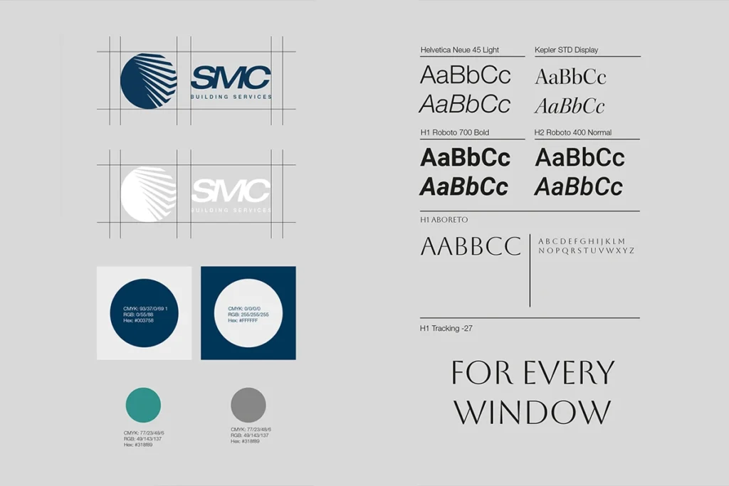 SMC brand guidelines document showing logo, colours, and typography