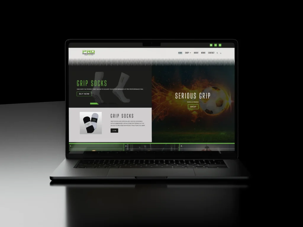 Screenshot of WooCommerce online store for grip socks in Poynton, showing homepage with product images, navigation menu, and shopping cart icon